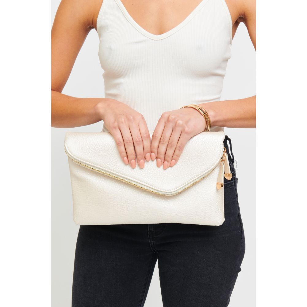 Woman wearing Pearl Gold Urban Expressions Stella Clutch 840611151575 View 2 | Pearl Gold