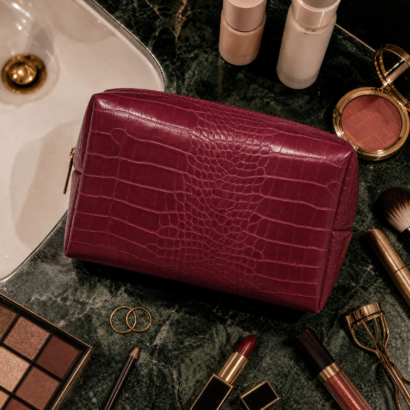 A burgundy crocodile-embossed cosmetic bag sits on a dark green marble surface surrounded by makeup items including lipstick, eyeshadow, brushes, and compacts.