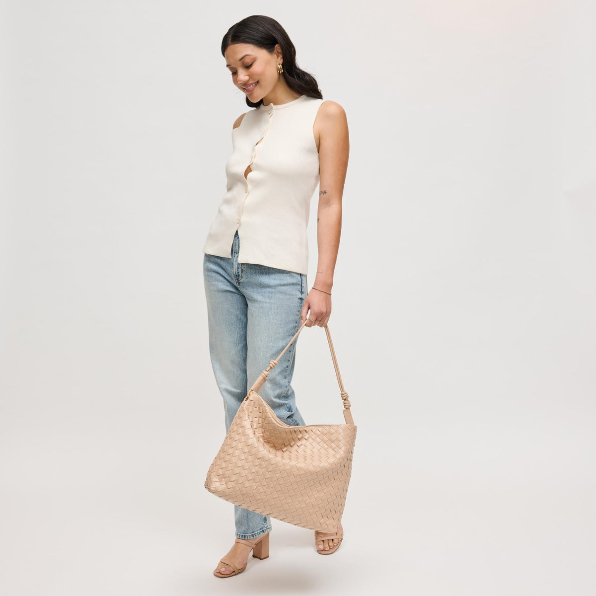 Woman wearing Almond Urban Expressions Theo Hobo 840504205606 View 2 | Almond