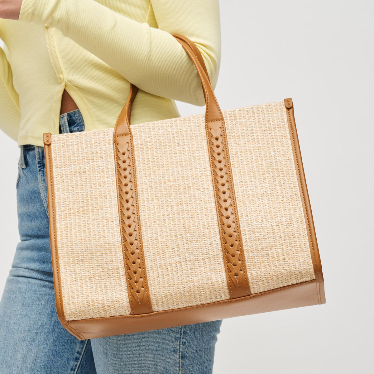 Woman wearing Tan Urban Expressions Svetlana Tote 840611196361 View 4 | Tan
