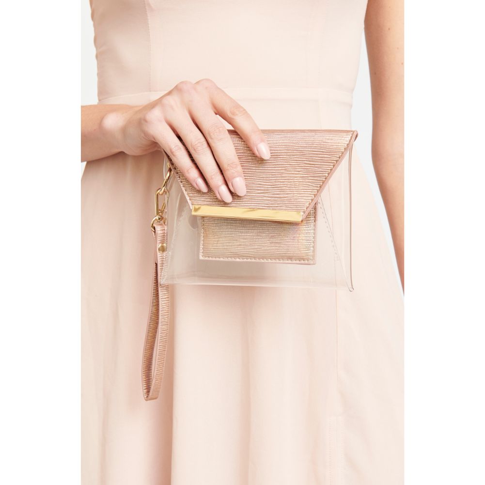 Woman wearing Rose Gold Urban Expressions Reese Metallic Wristlet NA-840611163448 View 1 | Rose Gold