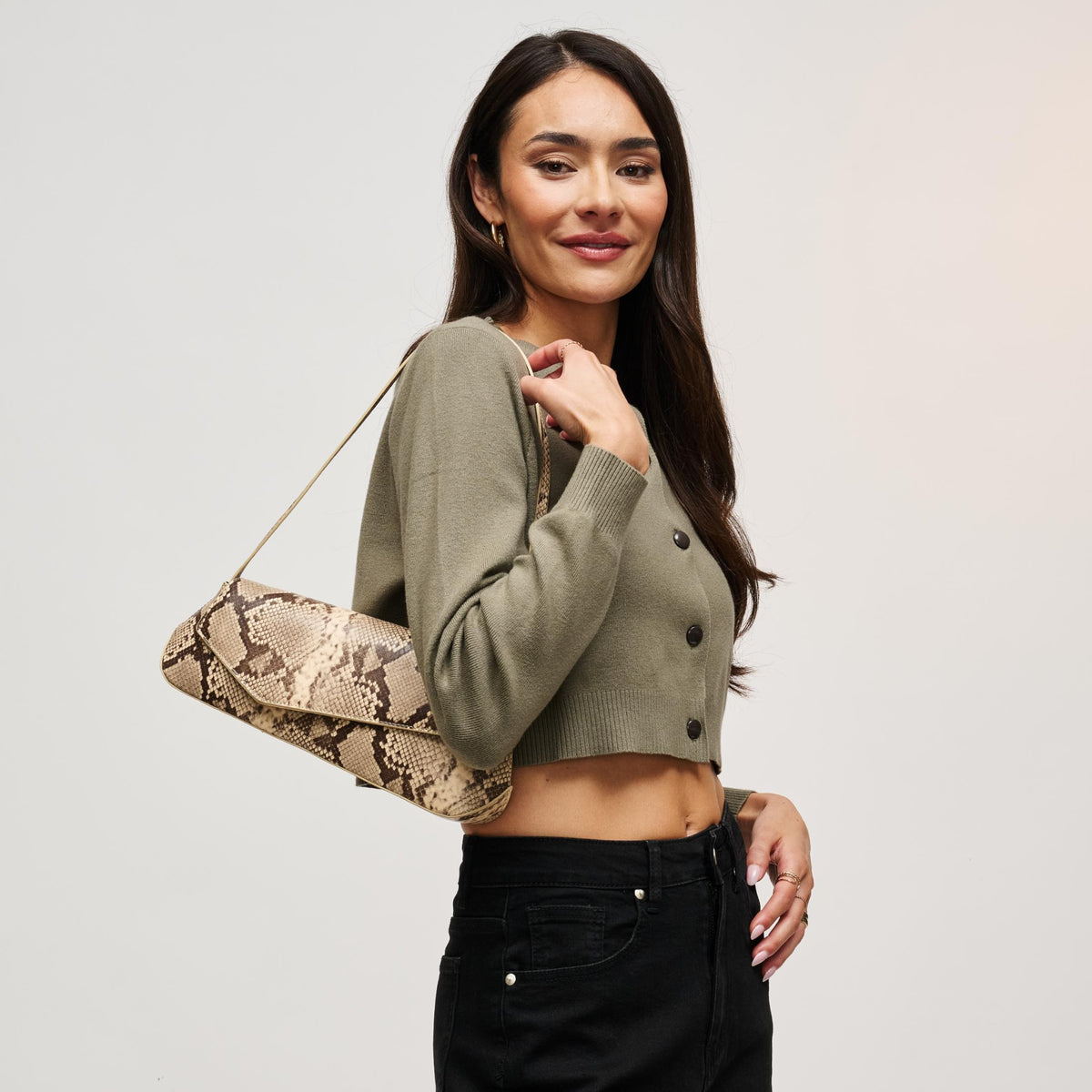 Woman wearing Natural Multi Urban Expressions Mett Snake Shoulder Bag 840504212710 View 2 | Natural Multi