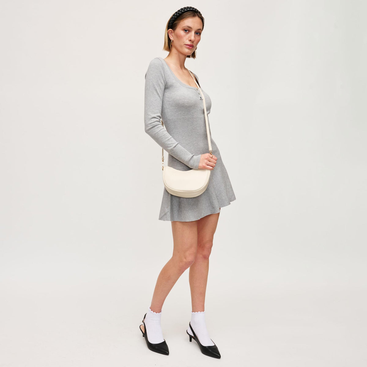 Woman wearing Oatmilk Urban Expressions Mila Crossbody 840611154309 View 3 | Oatmilk
