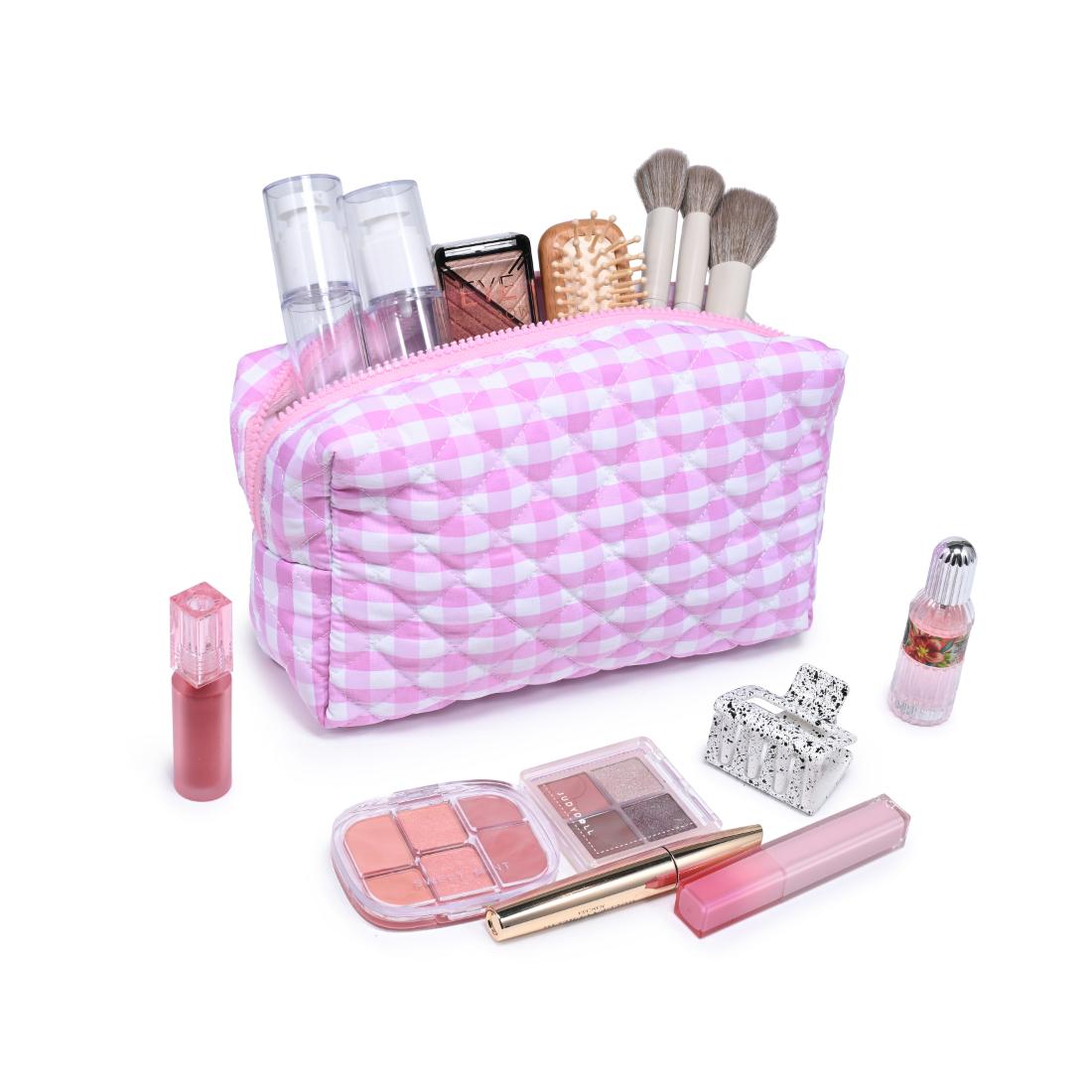 Woman wearing Soft Pink Urban Essentials Check Mate Cosmetic & Travel Organizer Pouch 840504209833 View 1 | Soft Pink