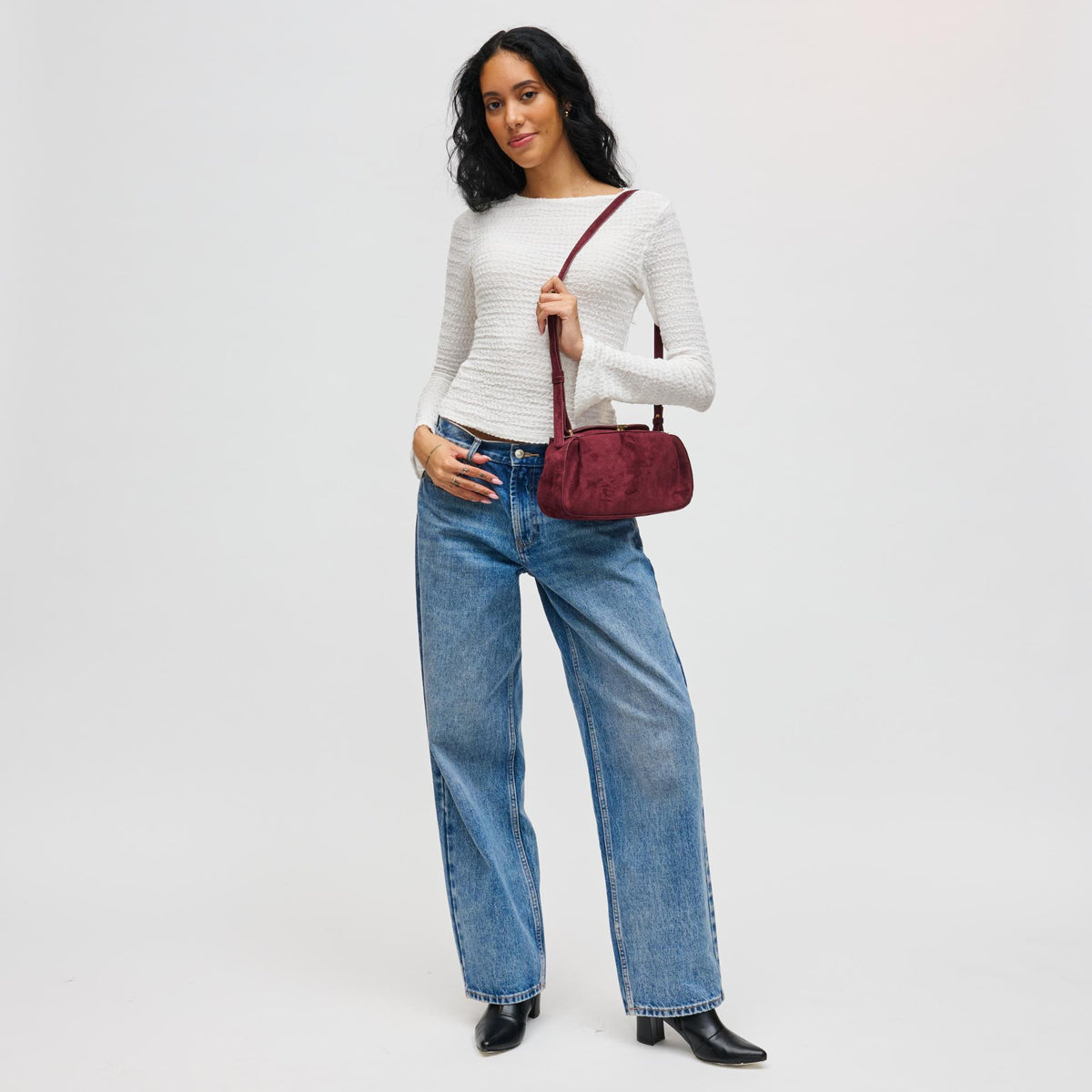 Woman wearing Wine Urban Expressions Lizzie Crossbody 840611199096 View 3 | Wine