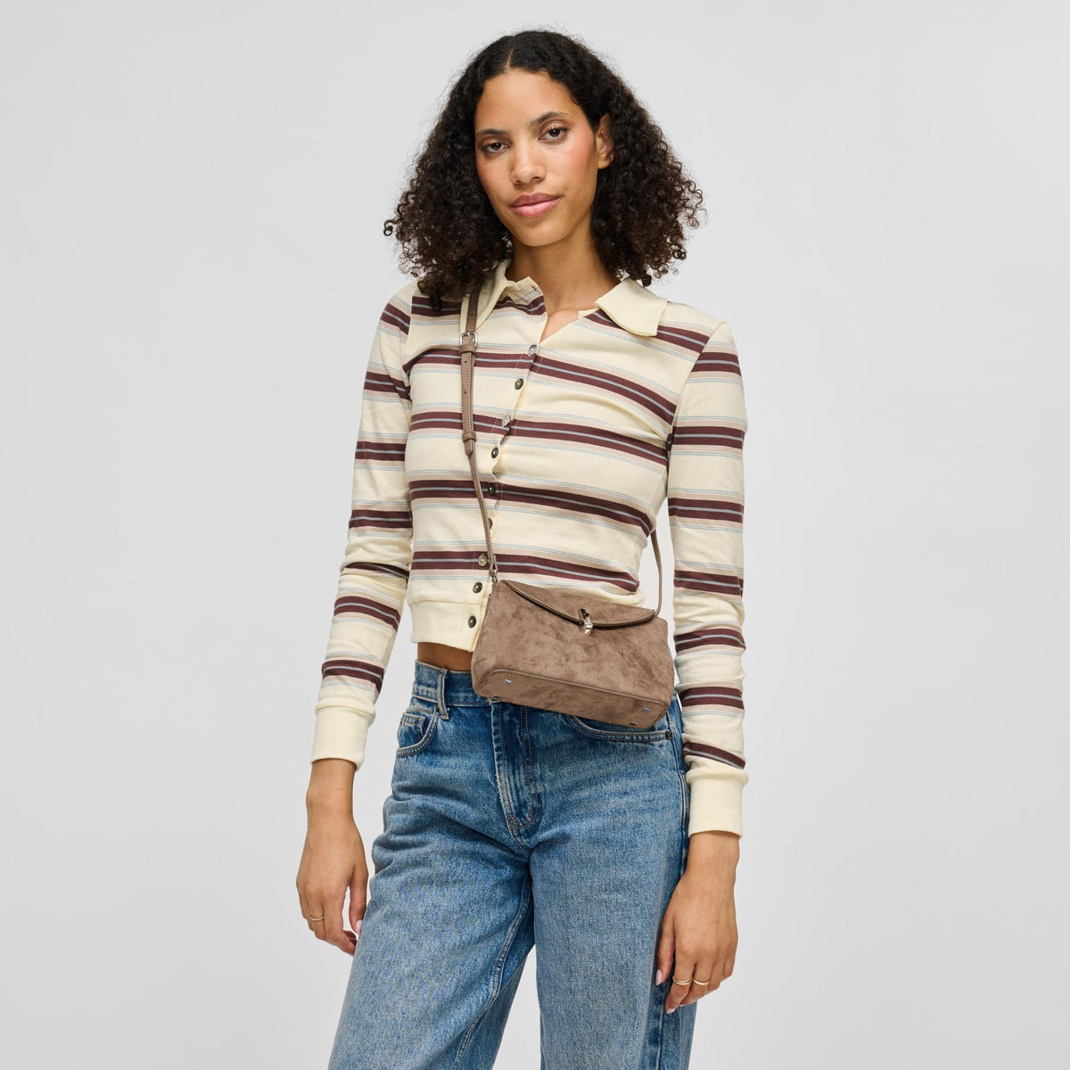 Woman wearing Taupe Urban Expressions Inez Crossbody 840504214738 View 2 | Taupe