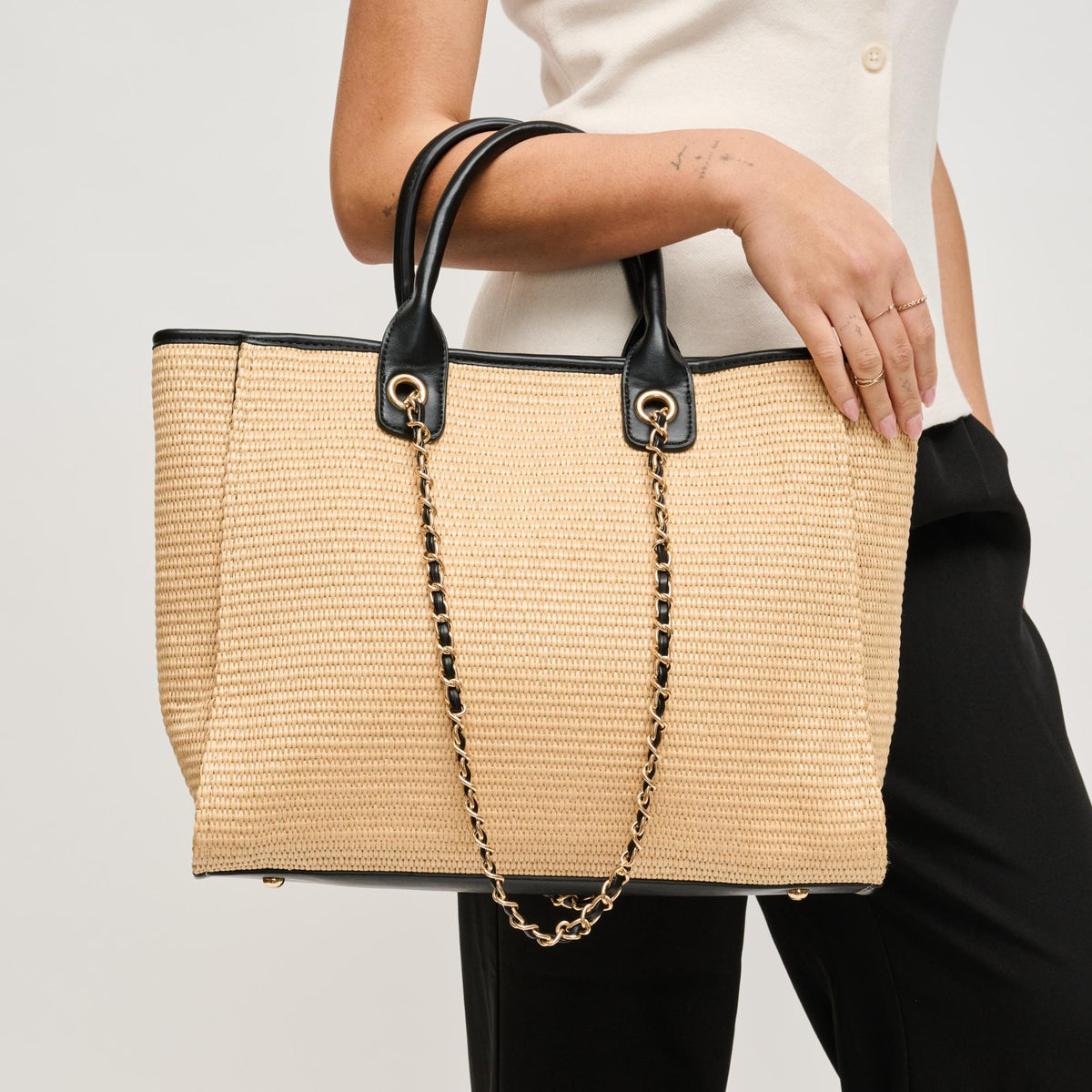 Woman wearing Natural Black Urban Expressions Jaxon Tote 840504205026 View 4 | Natural Black