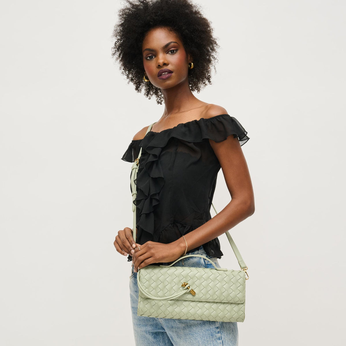 Woman wearing Sage Urban Expressions Ada Crossbody 840611161482 View 1 | Sage