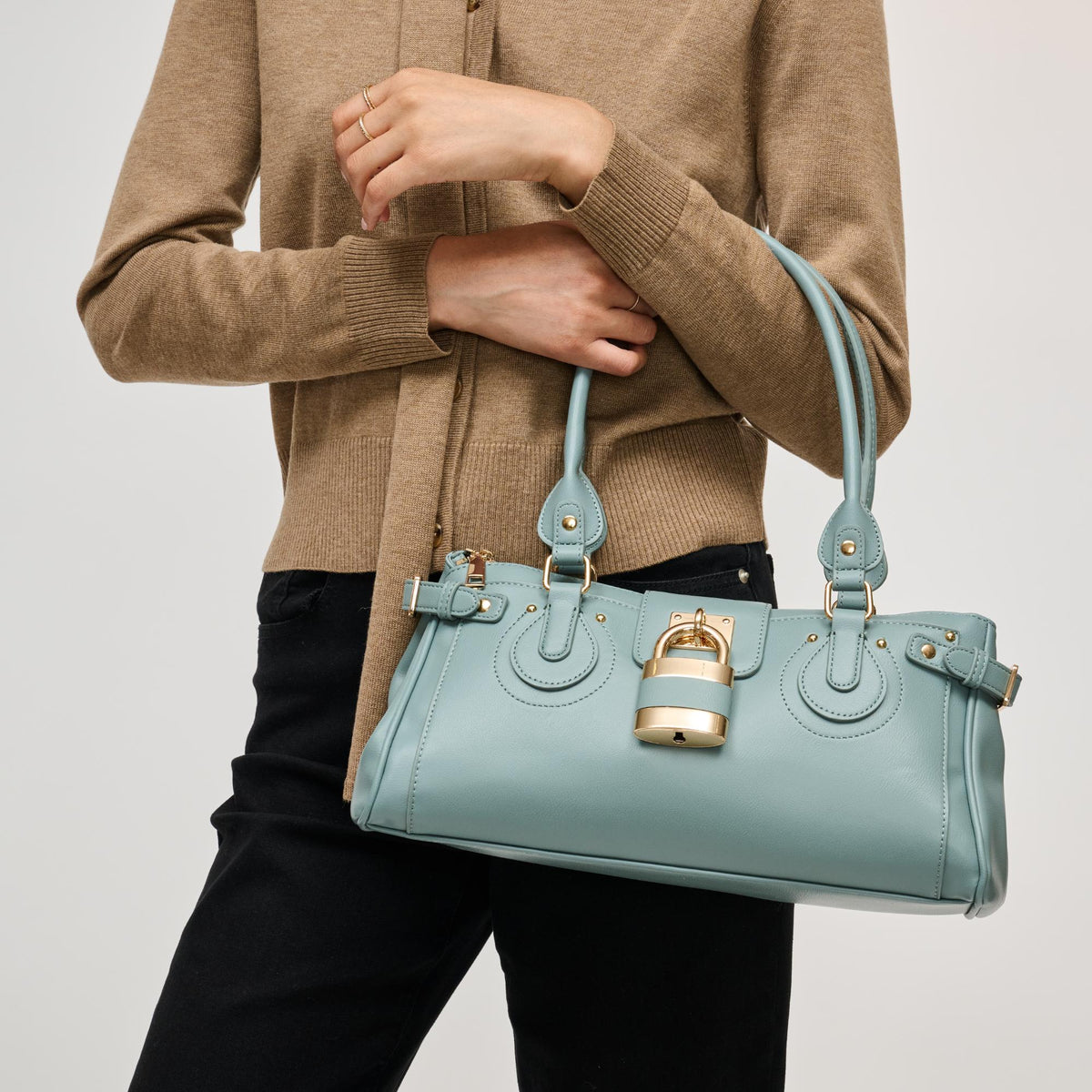 Woman wearing Dusty Blue Urban Expressions Moda Satchel 840504211676 View 2 | Dusty Blue