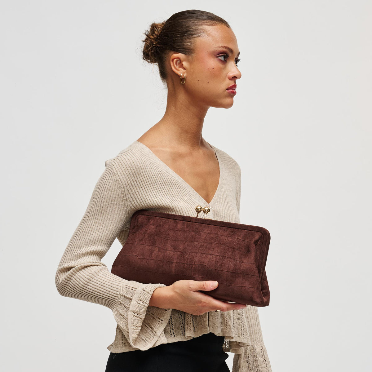 Woman wearing Chocolate Urban Expressions Kristin - SU Clutch 840504212499 View 3 | Chocolate