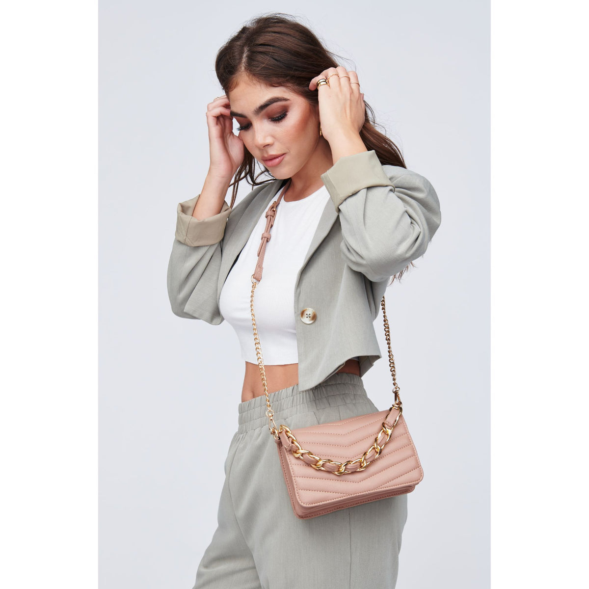 Woman wearing Natural Urban Expressions Genny - Chevron Stitch Crossbody 818209011075 View 2 | Natural