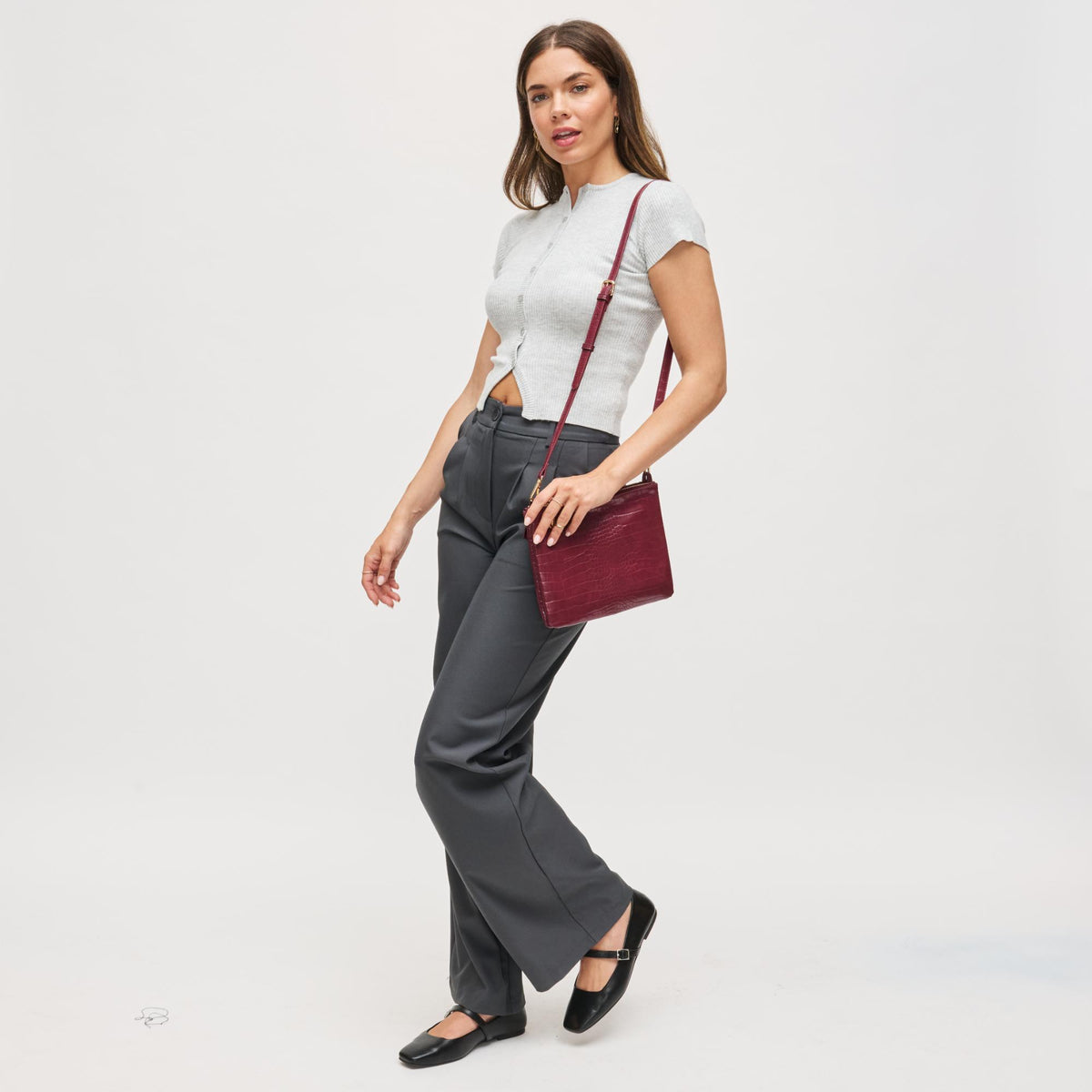 Woman wearing Burgundy Urban Expressions Judy Crossbody 840611199614 View 1 | Burgundy