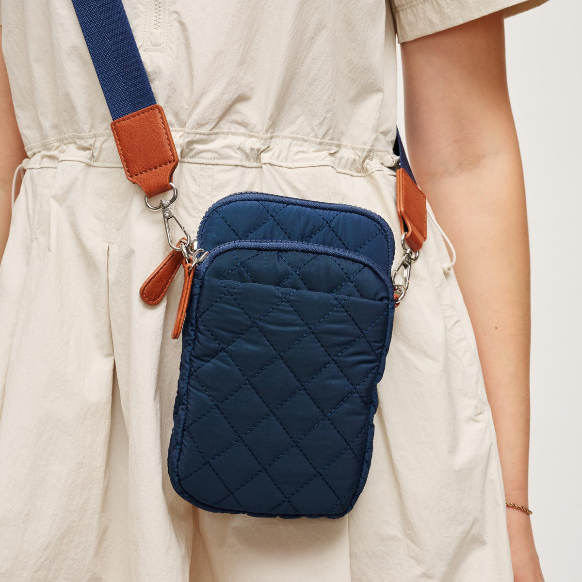 Woman wearing Navy Tan Urban Expressions Vesna Crossbody 840504206054 View 2 | Navy Tan