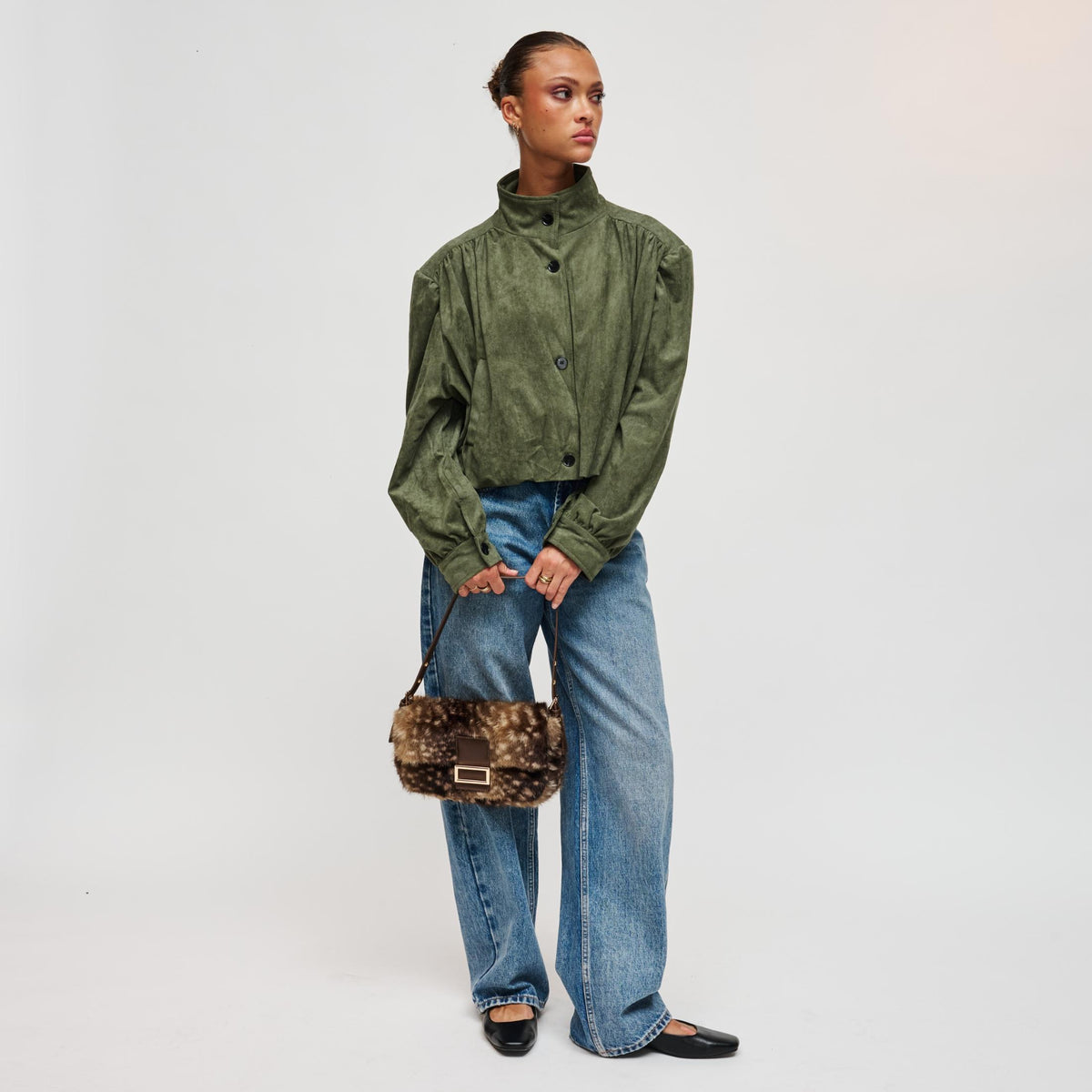 Woman wearing Fawn Brown Urban Expressions Beverly - Faux Fur Crossbody 840504212444 View 4 | Fawn Brown