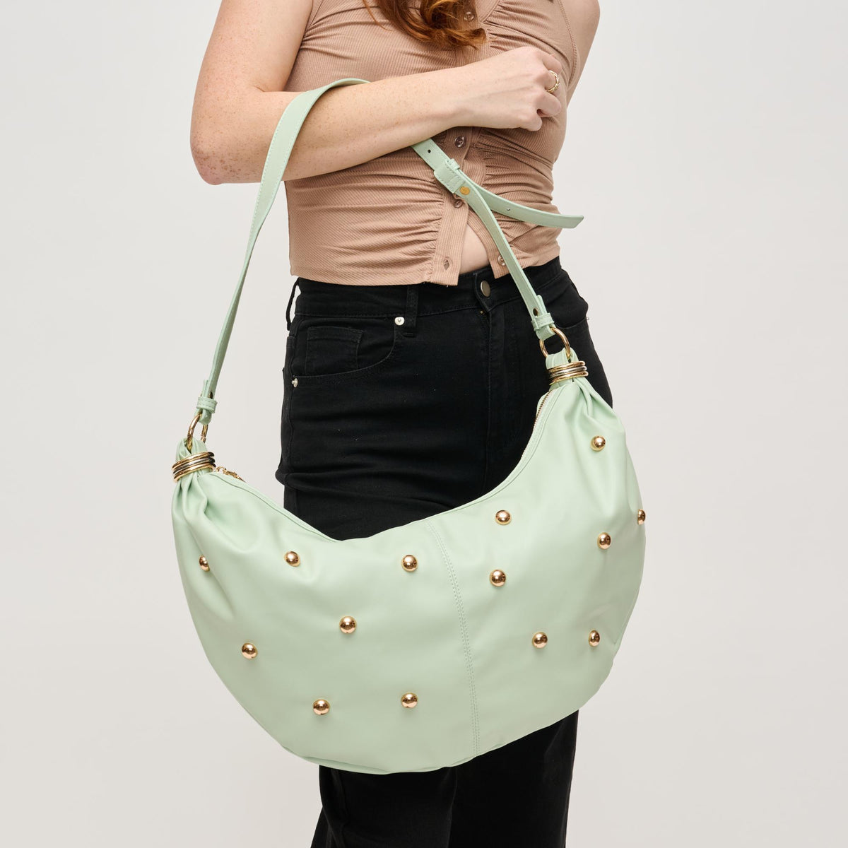 Woman wearing Pistachio Urban Expressions Bianca Hobo 840611151162 View 1 | Pistachio