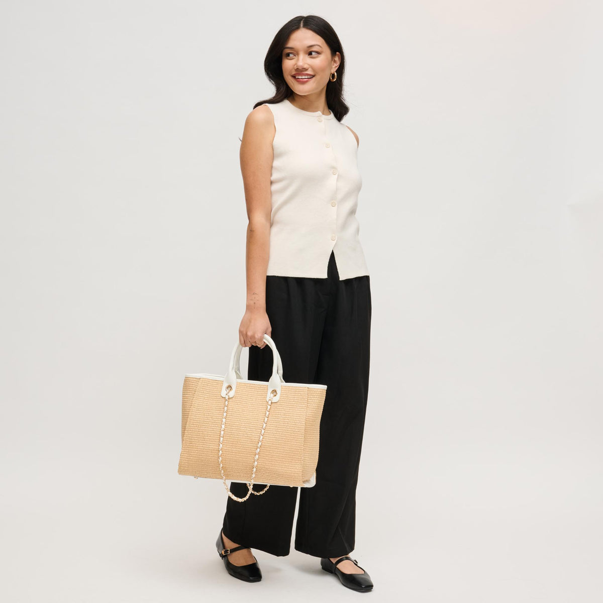 Woman wearing Natural White Urban Expressions Jaxon Tote 840504205033 View 3 | Natural White