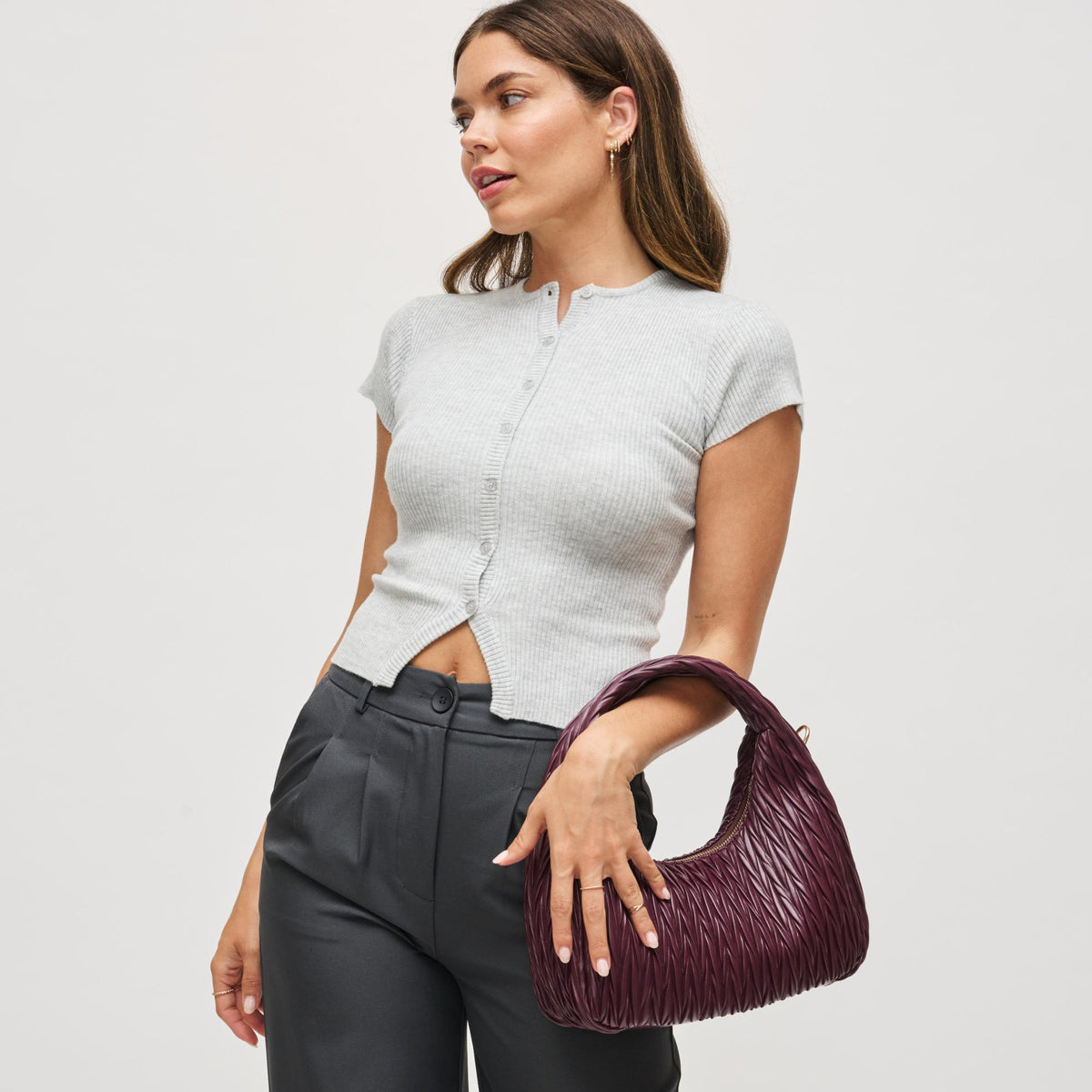 Woman wearing Wine Urban Expressions Amara Crossbody 840611198853 View 2 | Wine