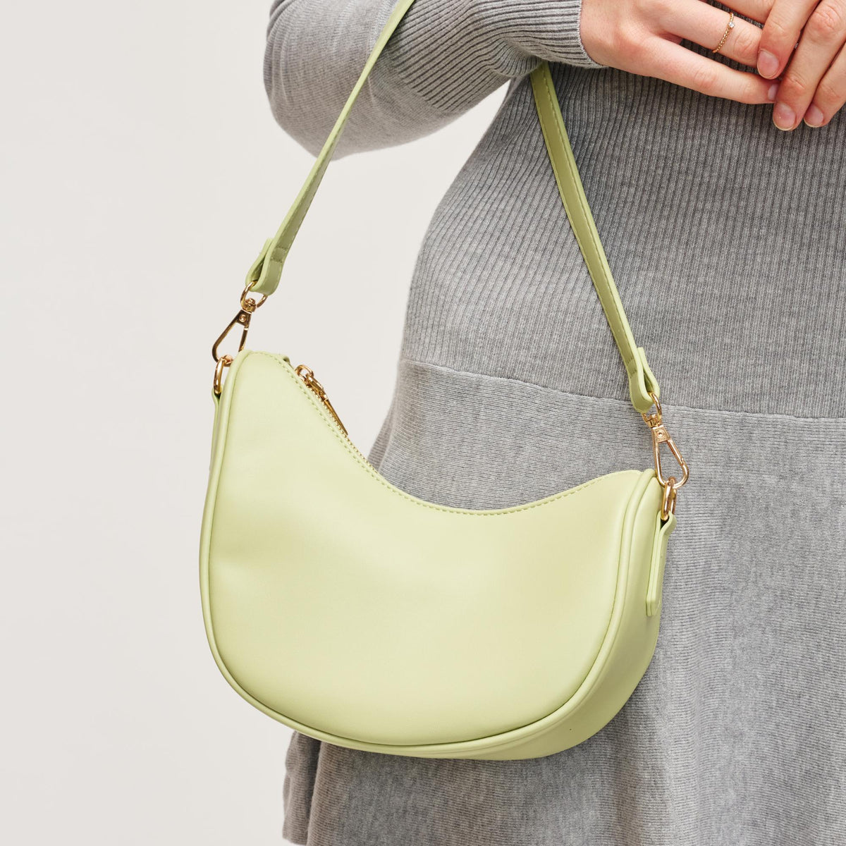 Woman wearing Pistachio Urban Expressions Mila Crossbody 840611154347 View 4 | Pistachio