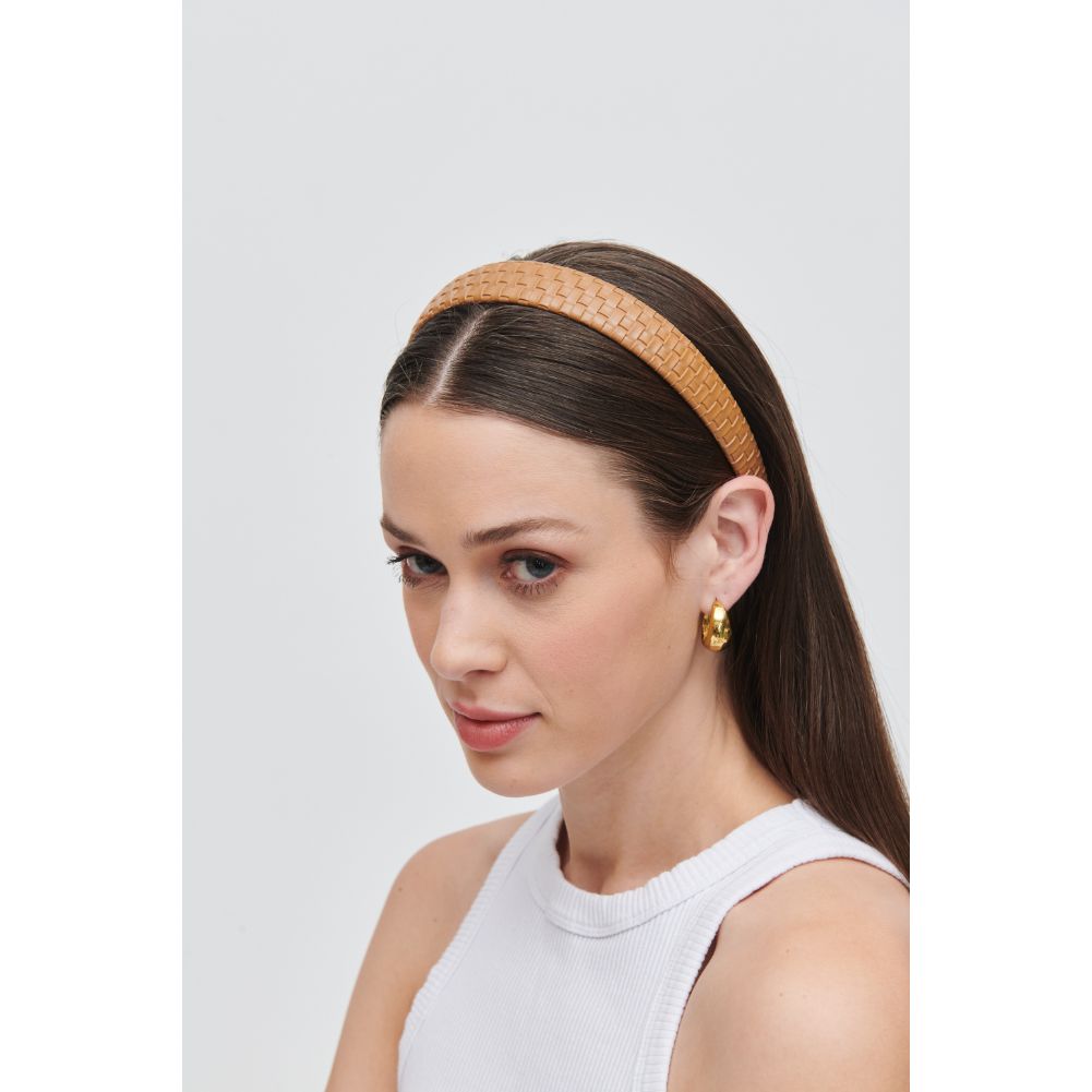 Woman wearing Tan Urban Expressions Embossed Woven Vegan Leather Headband Headband 818209014250 View 2 | Tan
