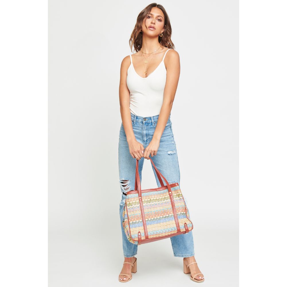 Woman wearing Pink Multi Urban Expressions Journey Tote 840611111234 View 4 | Pink Multi