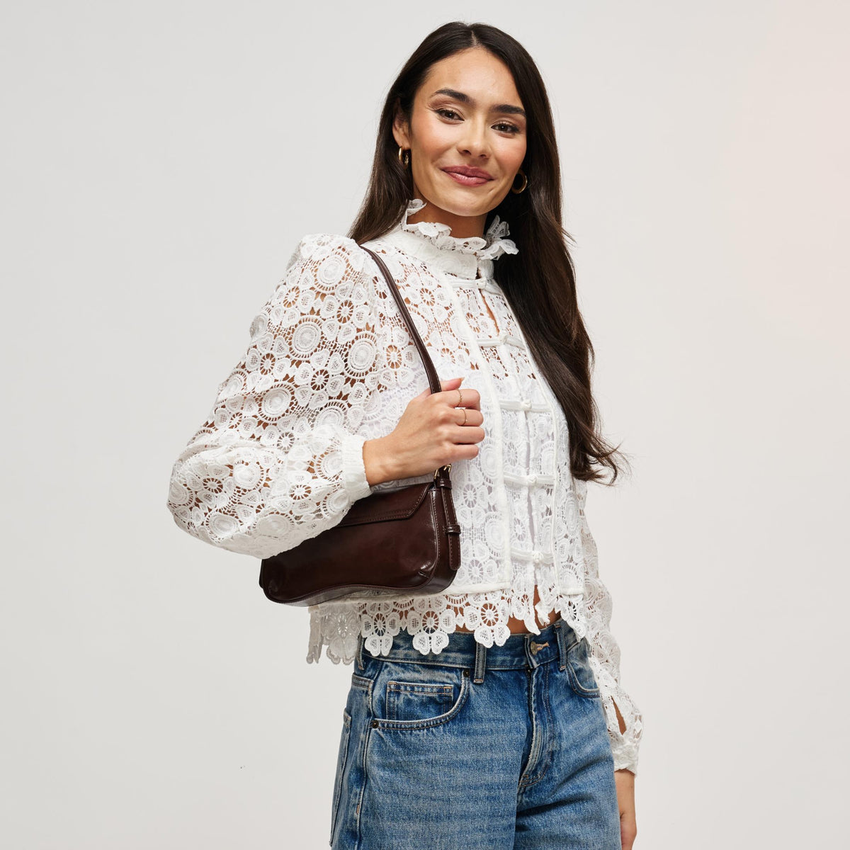 Woman wearing Espresso Urban Expressions Jameson Shoulder Bag 840504212116 View 2 | Espresso