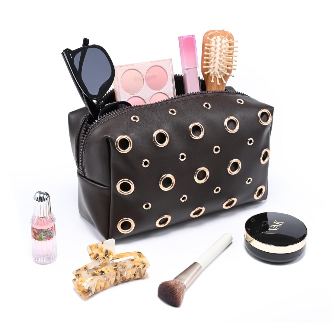 Woman wearing Espresso Urban Essentials Grommet Revival Cosmetic & Travel Organizer Pouch 840504210556 View 1 | Espresso