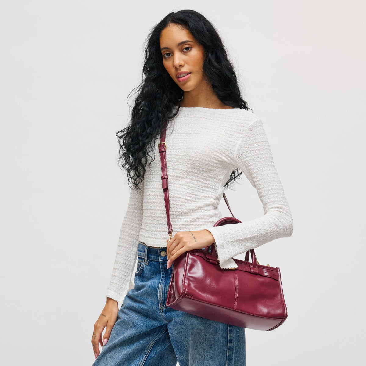 Woman wearing Burgundy Urban Expressions Joanna Crossbody 840611198211 View 3 | Burgundy