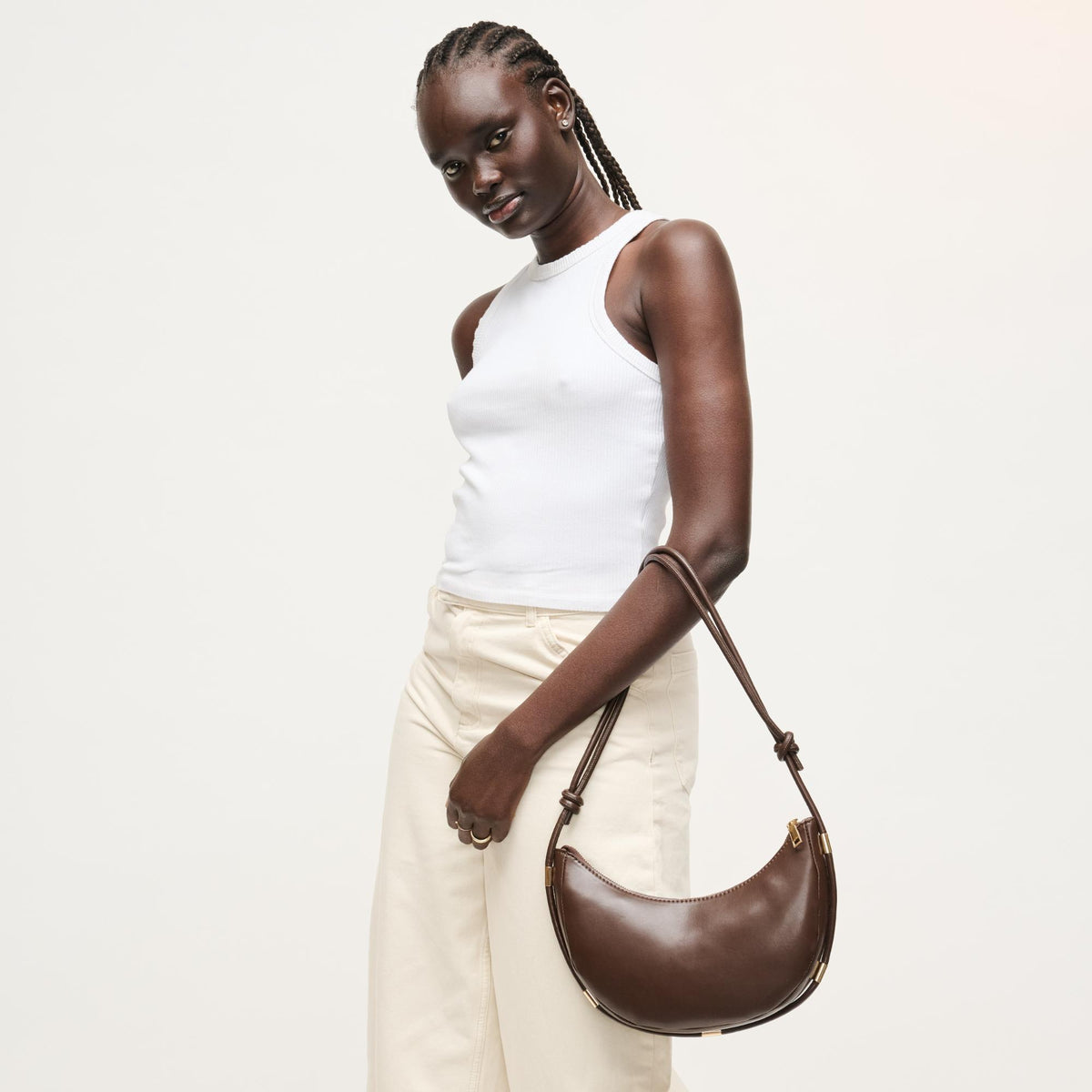 Woman wearing Espresso Urban Expressions Murphy Crossbody 840504208164 View 3 | Espresso