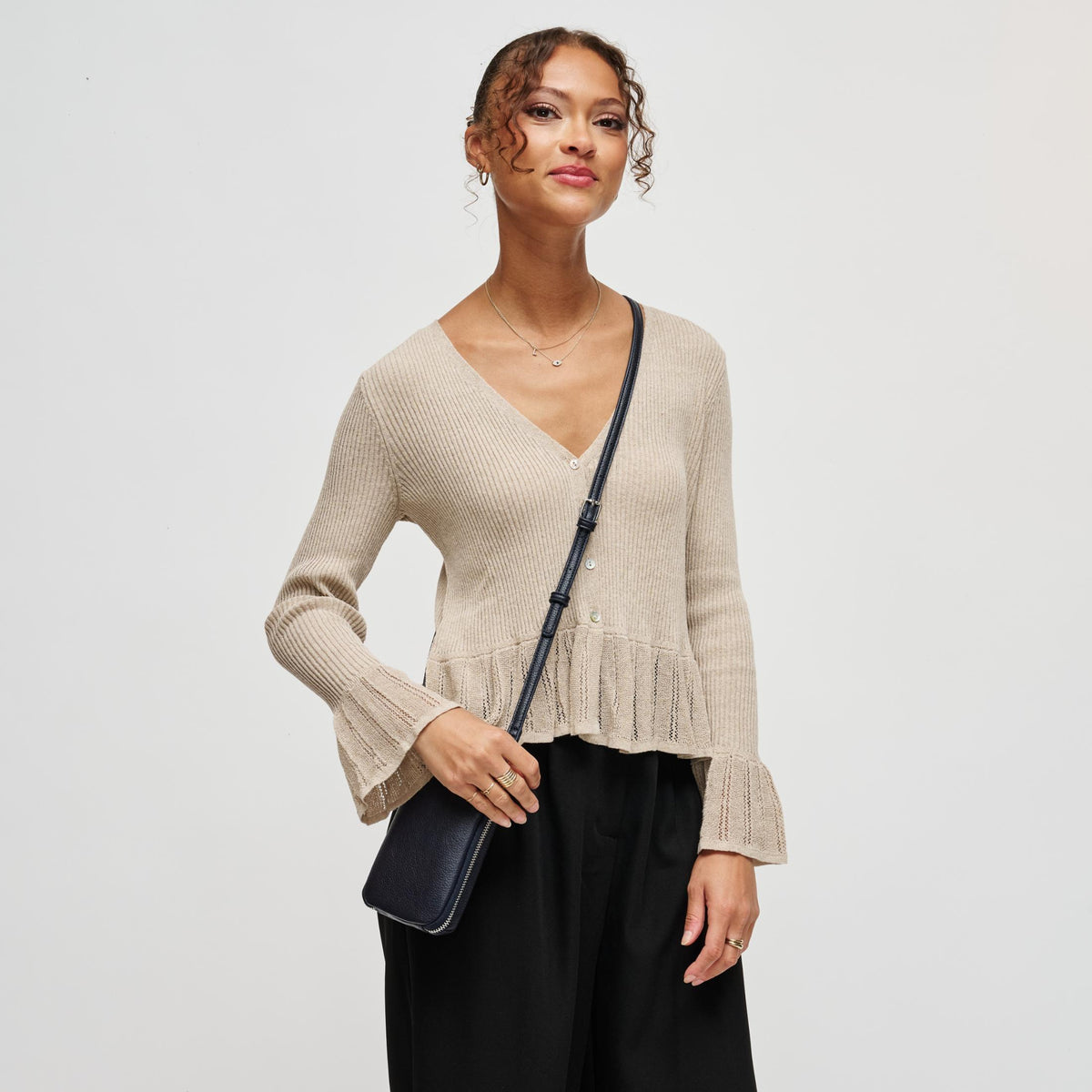 Woman wearing Midnight Urban Expressions Karen Cell Phone Crossbody 840504212772 View 2 | Midnight