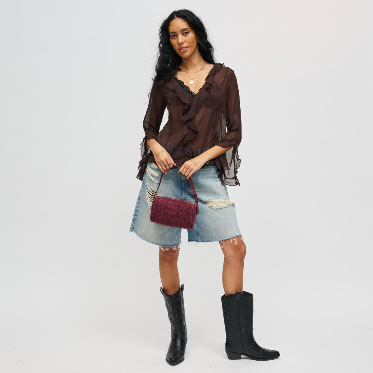 Woman wearing Wine Urban Expressions Rose Shoulder Bag 840611199386 View 4 | Wine