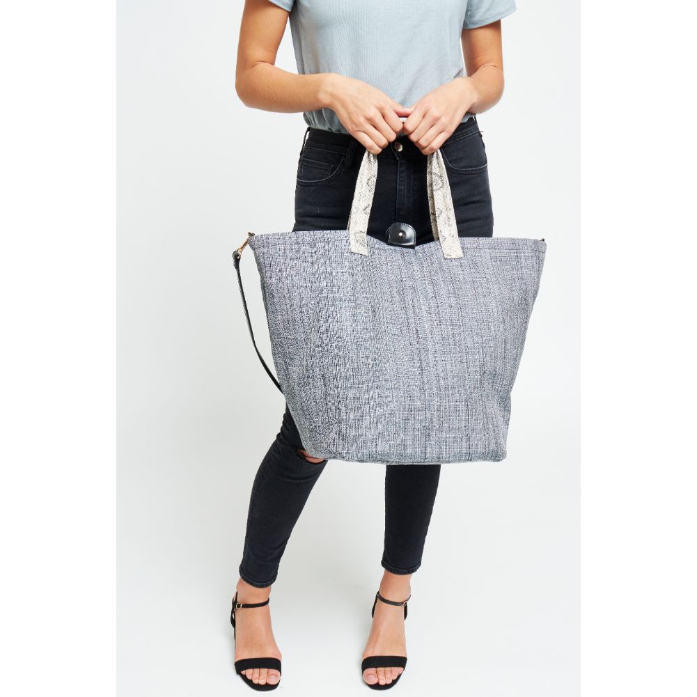 Woman wearing Black White Snake Urban Expressions Maeve Tote 840611181411 View 3 | Black White Snake