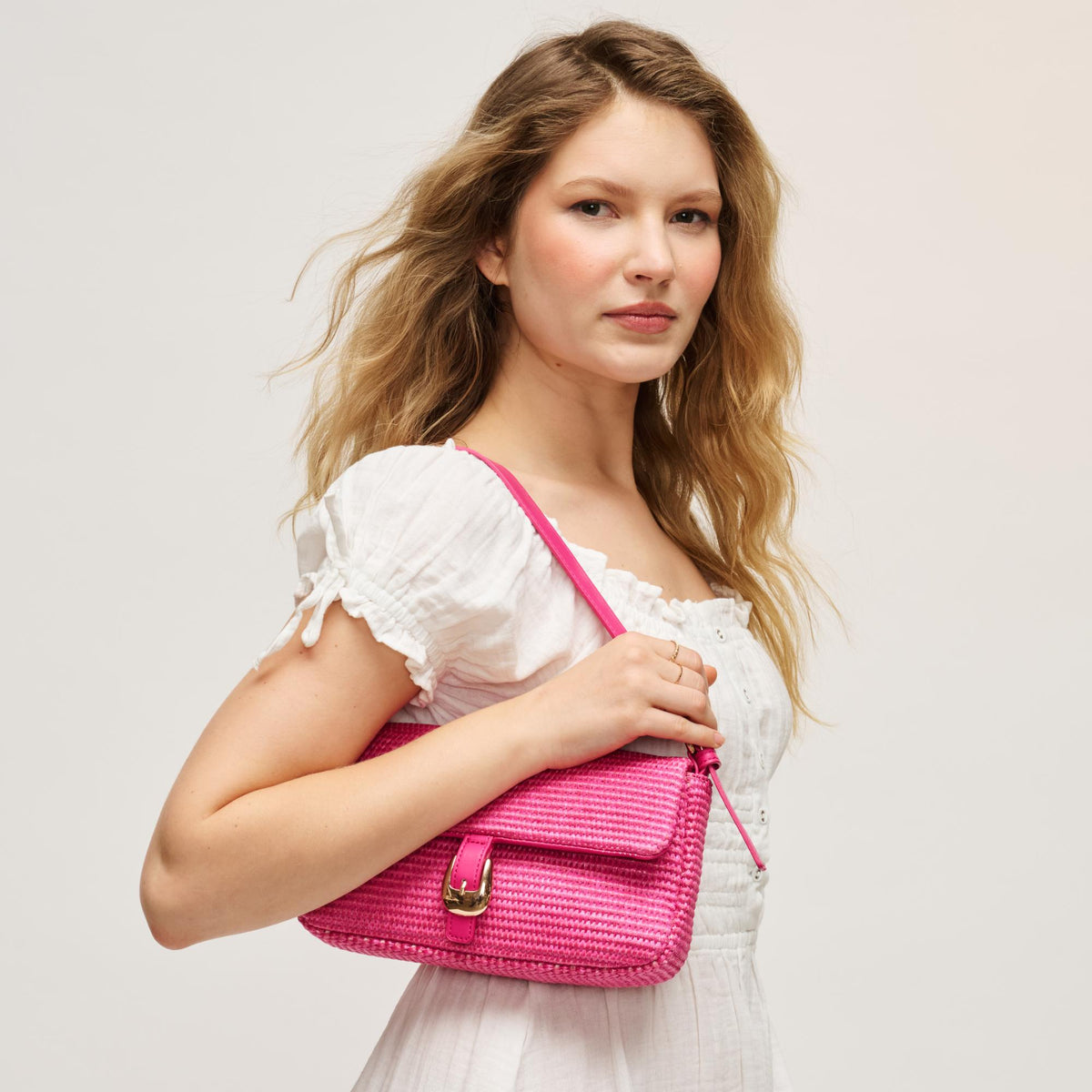 Woman wearing Hot Pink Urban Expressions Gloria - Straw Crossbody 840504205439 View 3 | Hot Pink