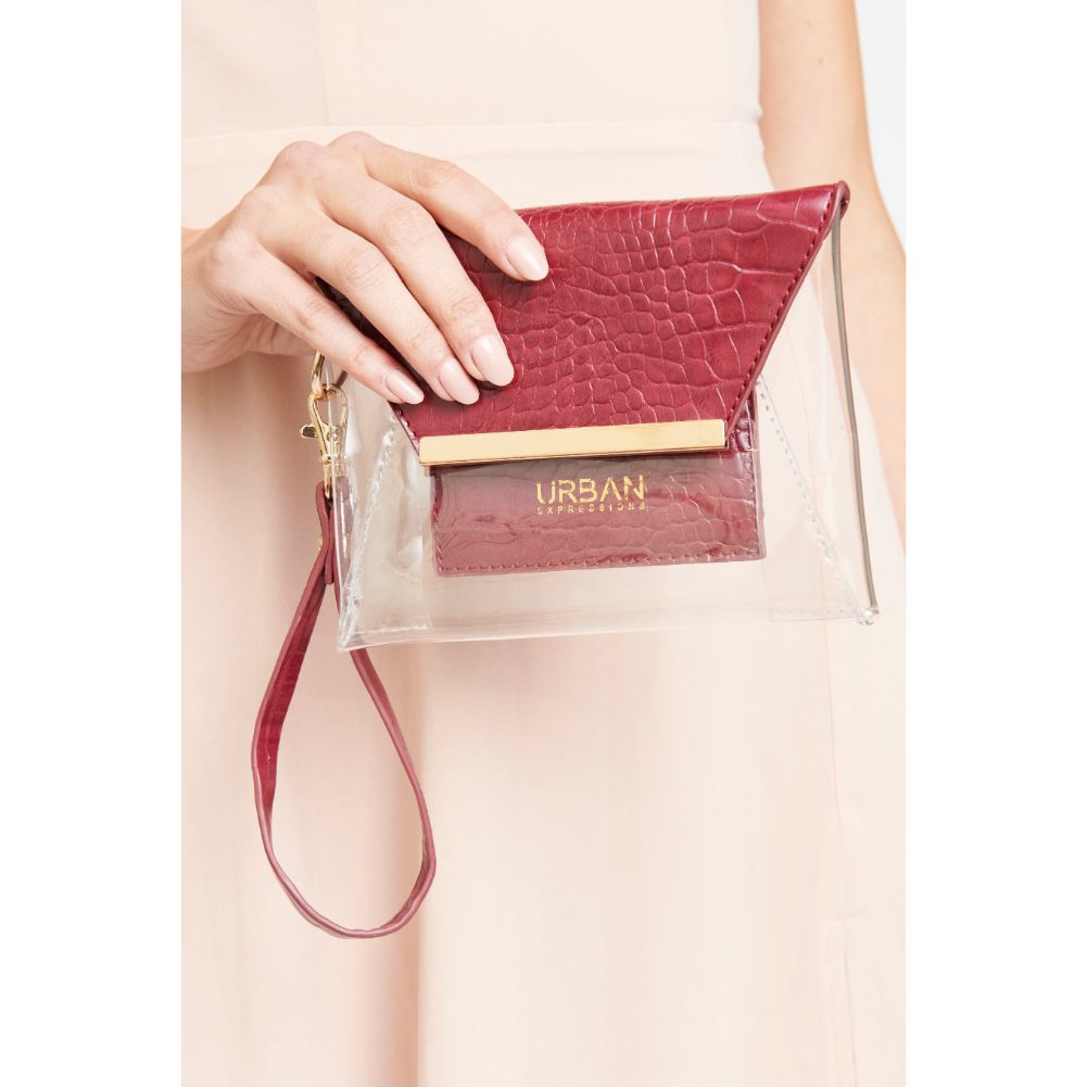 Woman wearing Burgundy Urban Expressions Reese - Croc Wristlet 840611163394 View 1 | Burgundy
