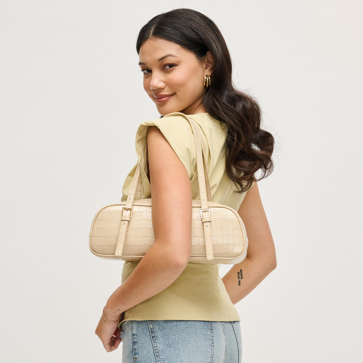 Woman wearing Nude Urban Expressions Athena Shoulder Bag 840504206184 View 1 | Nude