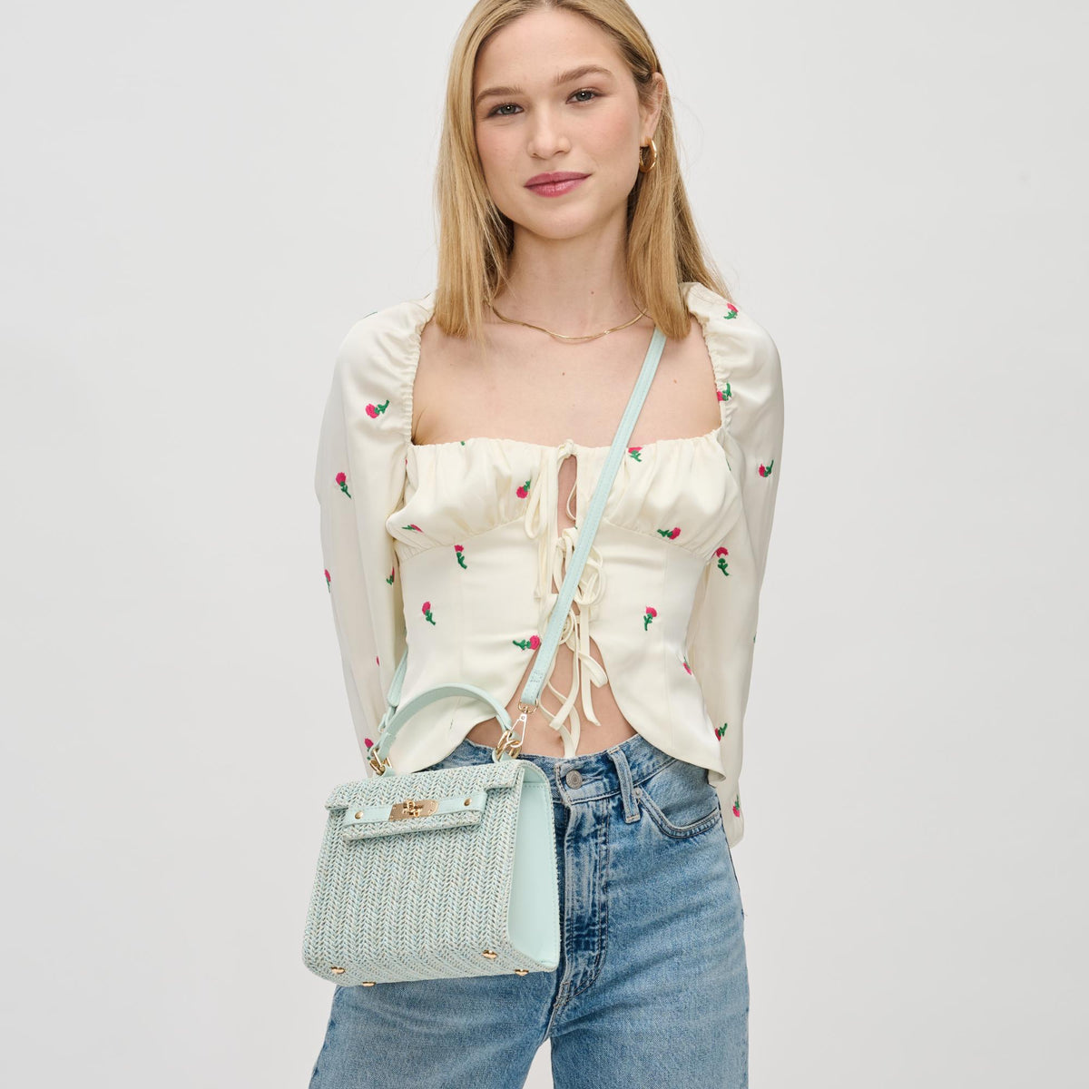 Woman wearing Blue Urban Expressions Violet Crossbody 840611126078 View 1 | Blue