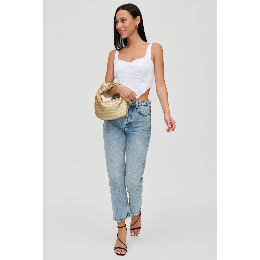 Woman wearing Gold Urban Expressions Tracy - Woven Clutch 840611109682 View 3 | Gold