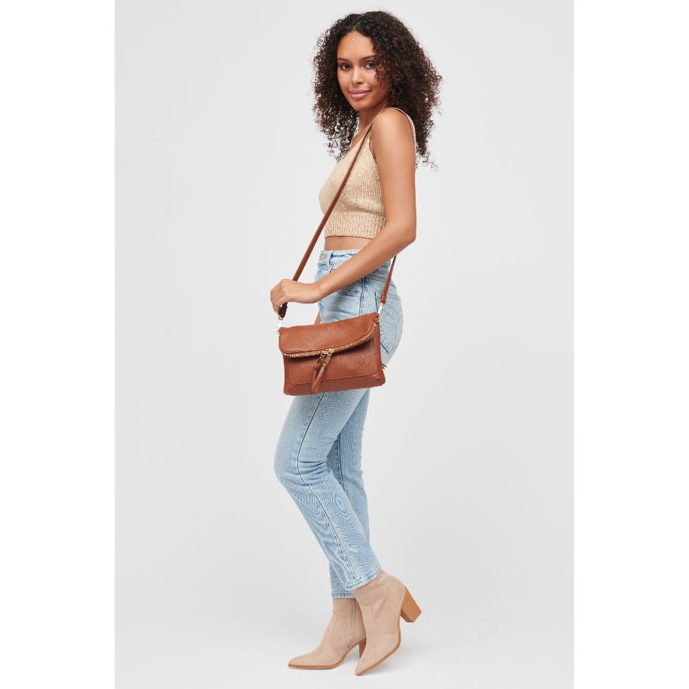Woman wearing Tan Urban Expressions Debra Crossbody 840611184672 View 4 | Tan