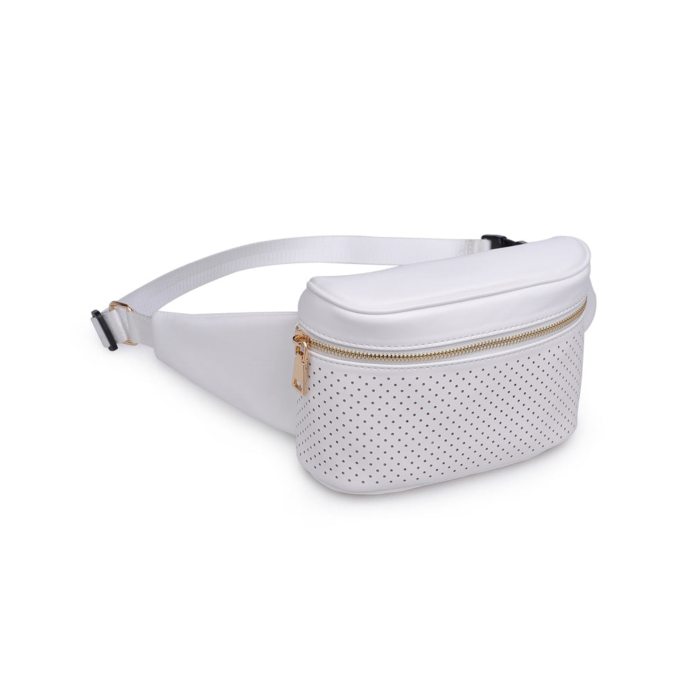 Woman wearing White Urban Expressions Hawthorn - Perforated Belt Bag NA-840611158628 View 6 | White