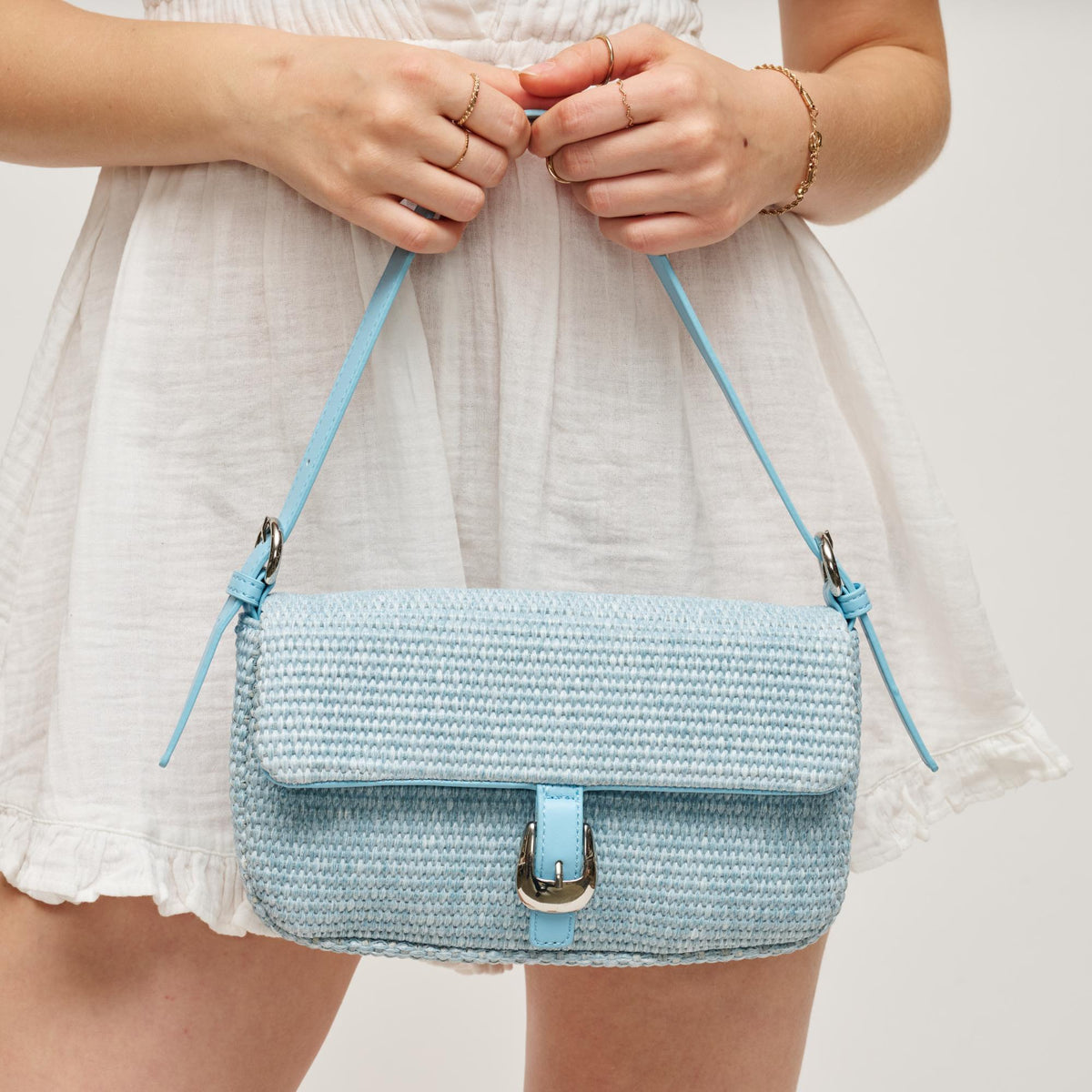 Woman wearing Denim Urban Expressions Gloria - Straw Crossbody 840504205422 View 2 | Denim