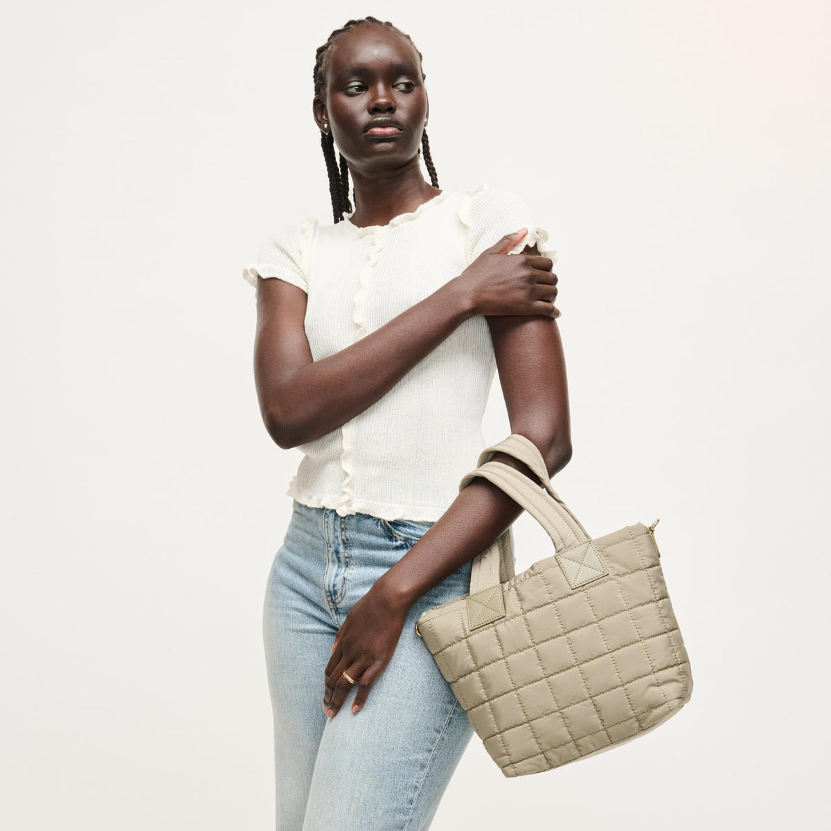 Woman wearing Sage Urban Expressions Lumina Tote 840504205989 View 4 | Sage