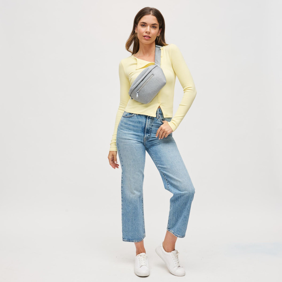 Woman wearing Heather Grey Urban Expressions Celestine Belt Bag 840504200212 View 4 | Heather Grey
