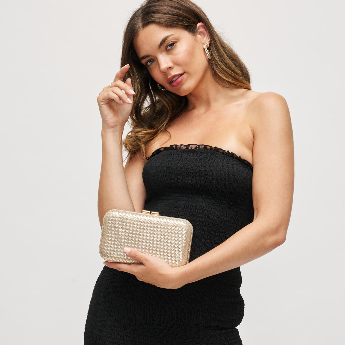 Woman wearing Gold Urban Expressions Anna Evening Bag 840611199775 View 1 | Gold