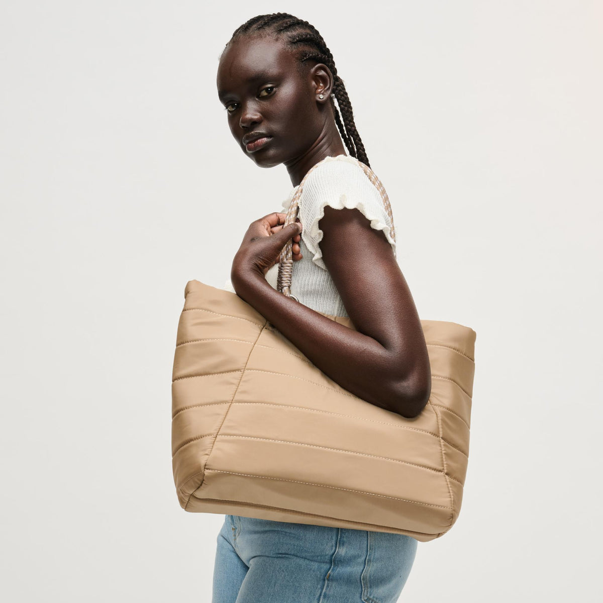 Woman wearing Nude Urban Expressions Lyla Tote 840504206153 View 4 | Nude