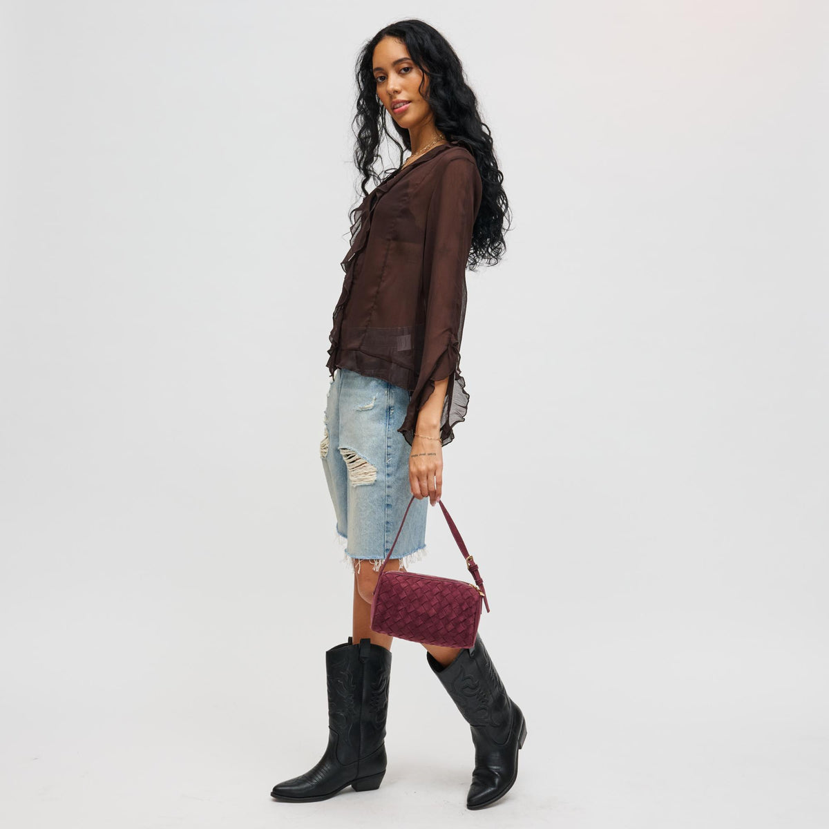 Woman wearing Wine Urban Expressions Rose Shoulder Bag 840611199386 View 3 | Wine