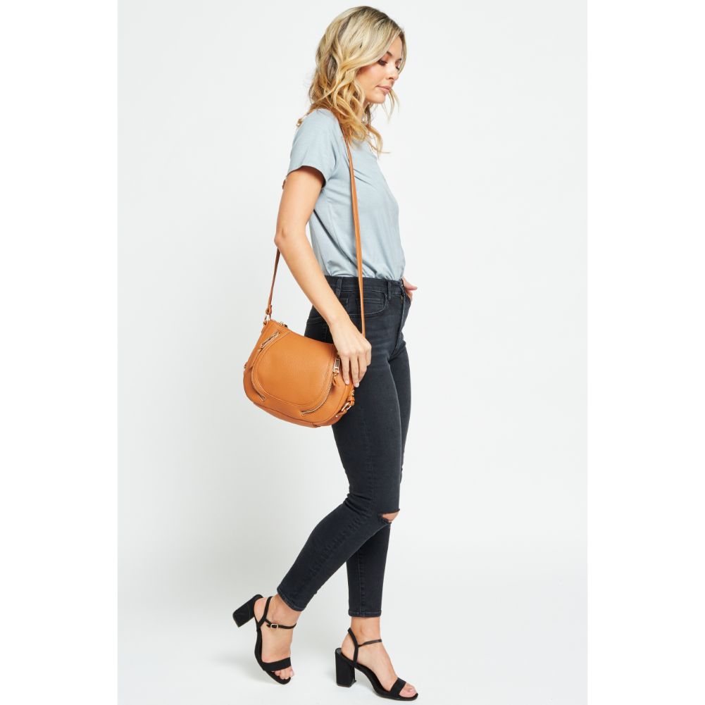 Woman wearing Tan Urban Expressions Sadie Crossbody 840611177131 View 3 | Tan