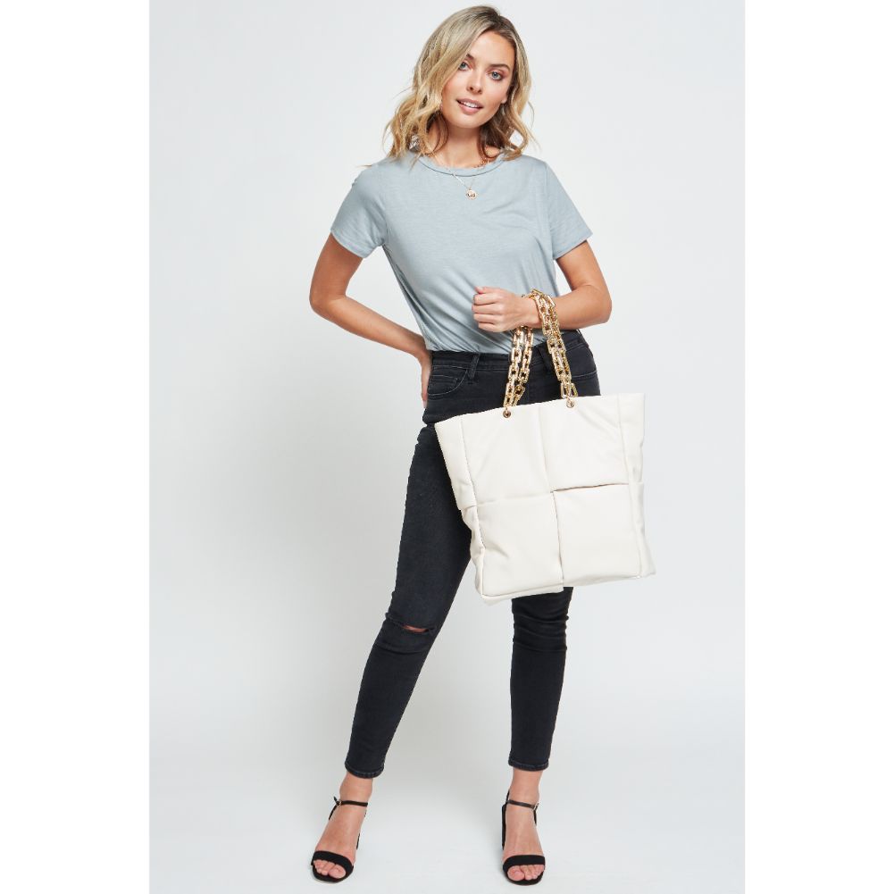 Woman wearing White Urban Expressions Zoe Tote 840611178589 View 3 | White