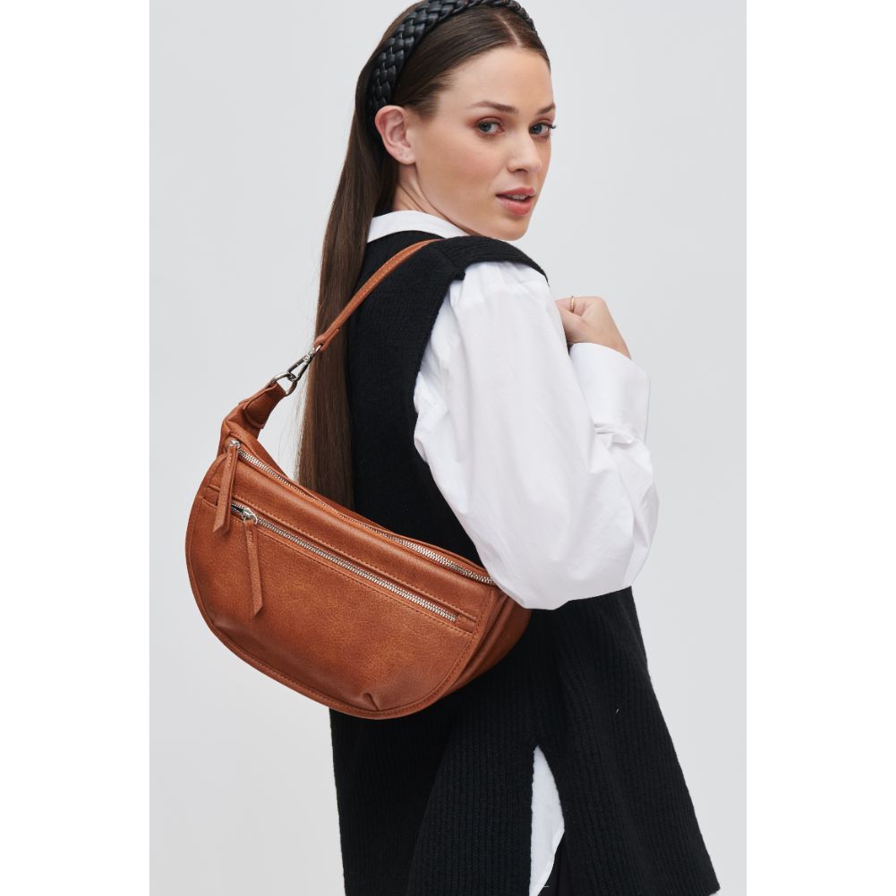 Woman wearing Tan Urban Expressions Tessie Belt Bag 840611111456 View 2 | Tan