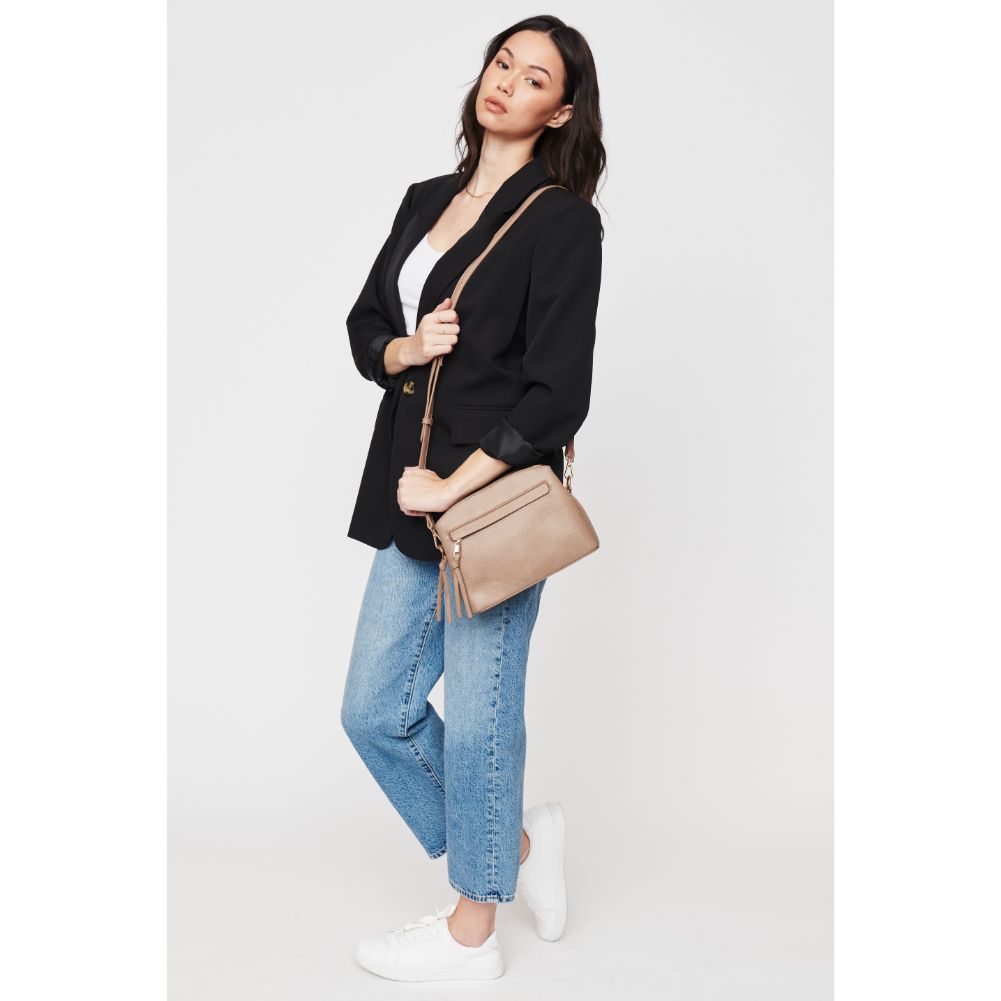 Woman wearing Taupe Urban Expressions Jayce Crossbody 840611110008 View 3 | Taupe