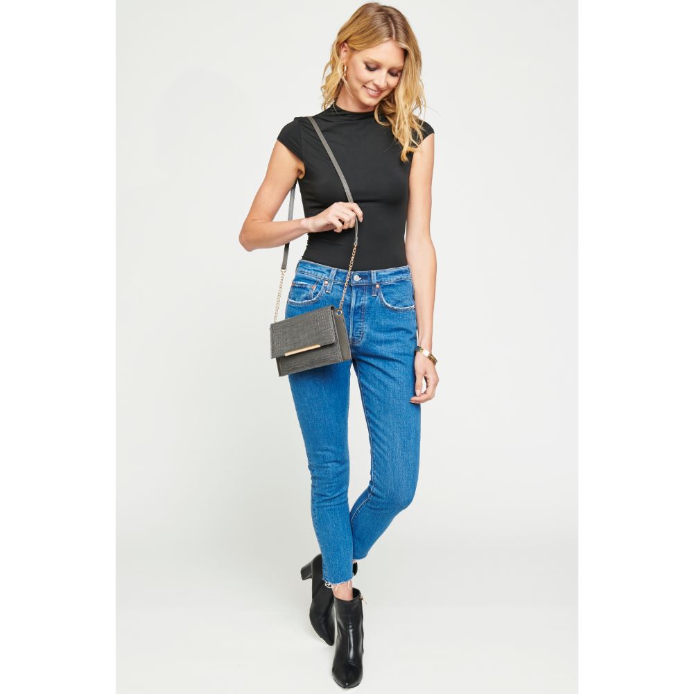 Woman wearing Gunmetal Urban Expressions Asher Croc Crossbody 840611165381 View 4 | Gunmetal