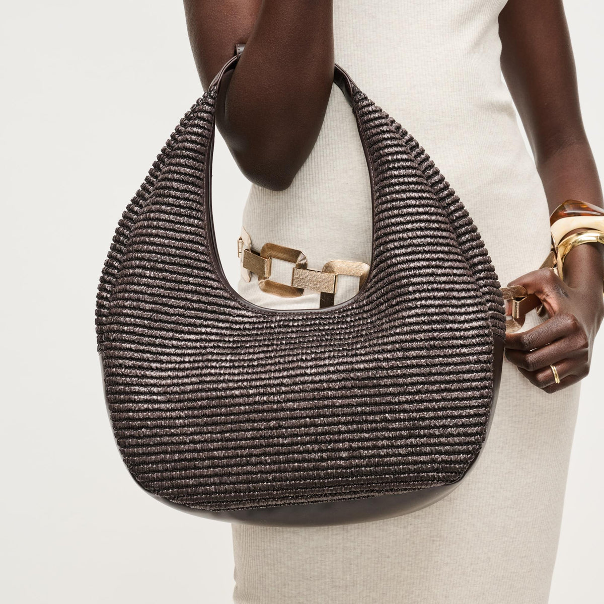 Woman wearing Chocolate Urban Expressions Zoey Tote 840504204746 View 3 | Chocolate